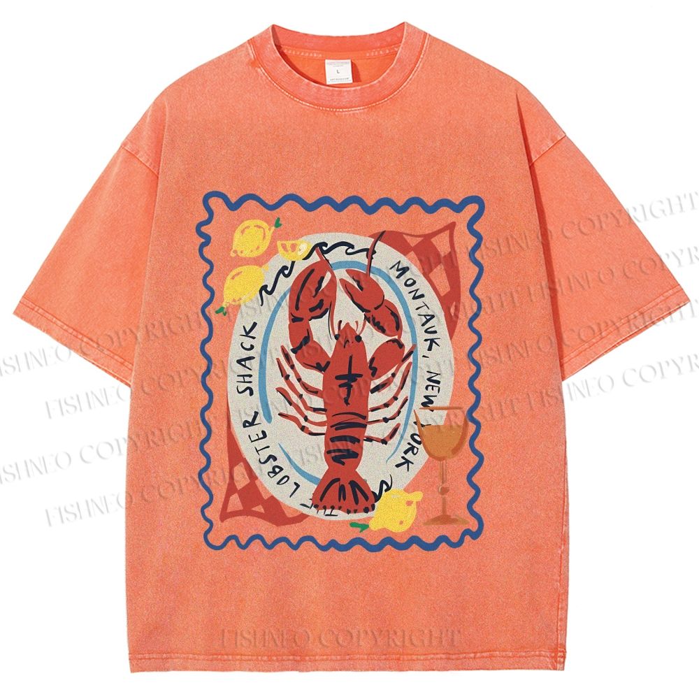Unisex Cartoon Lobster Graffiti Printed Washed Tee