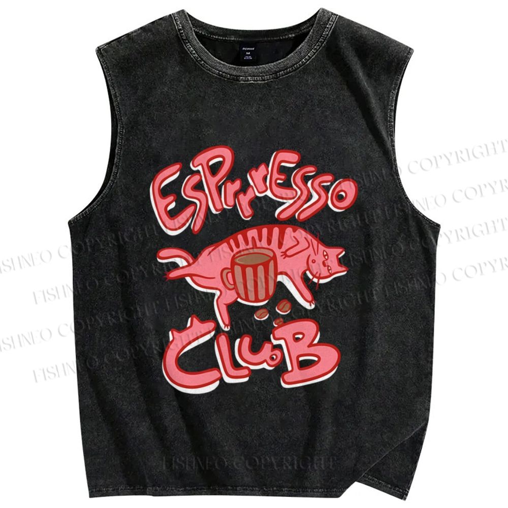 Unisex Esprresso Espresso Coffee Cat  Printed Washed Tank Top