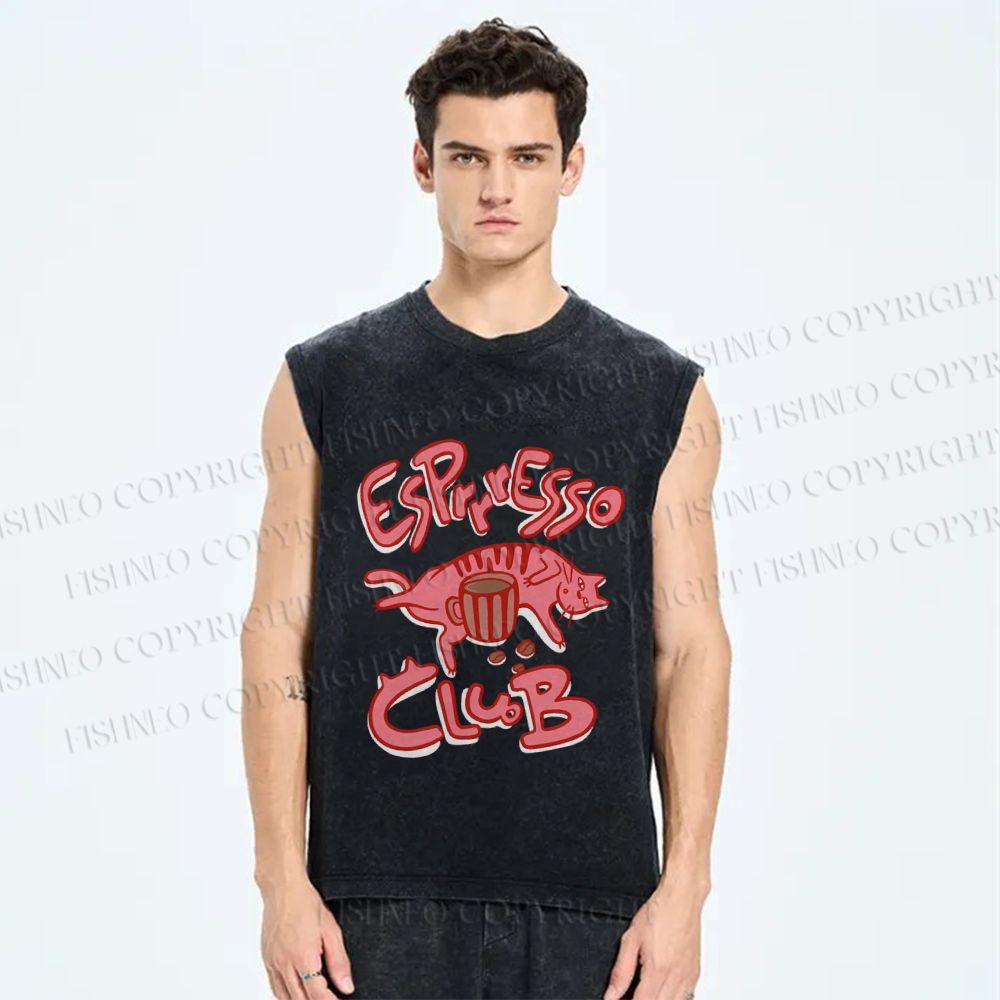 Unisex Esprresso Espresso Coffee Cat  Printed Washed Tank Top