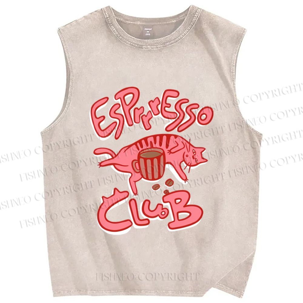 Unisex Esprresso Espresso Coffee Cat  Printed Washed Tank Top