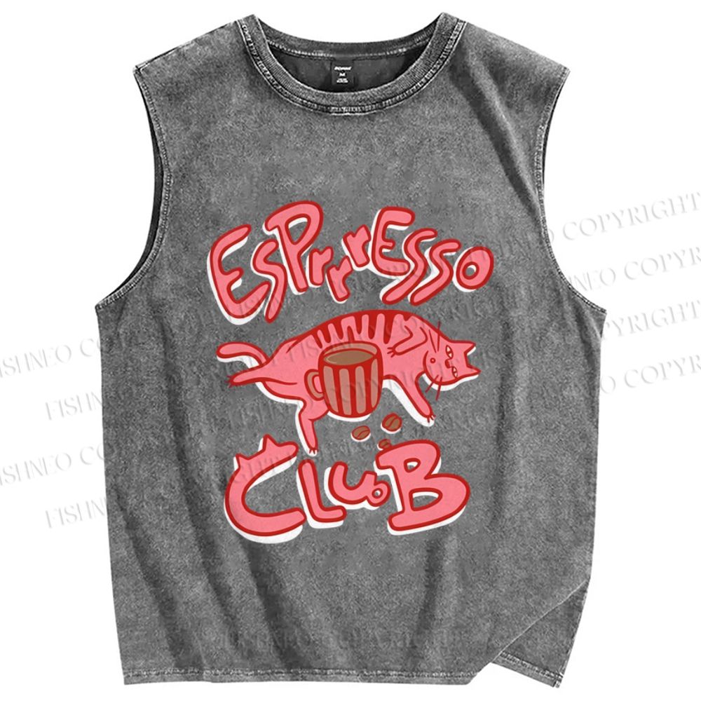 Unisex Esprresso Espresso Coffee Cat  Printed Washed Tank Top