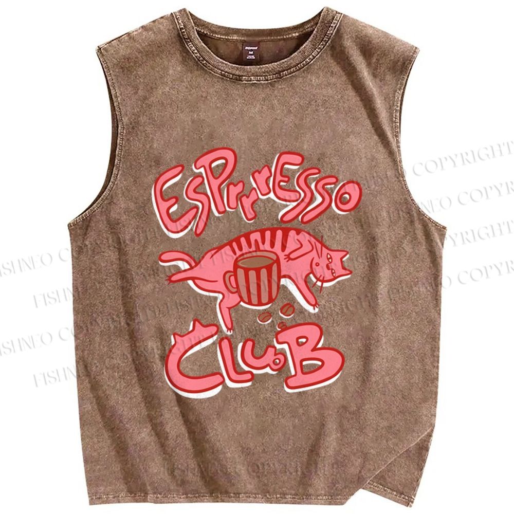 Unisex Esprresso Espresso Coffee Cat  Printed Washed Tank Top