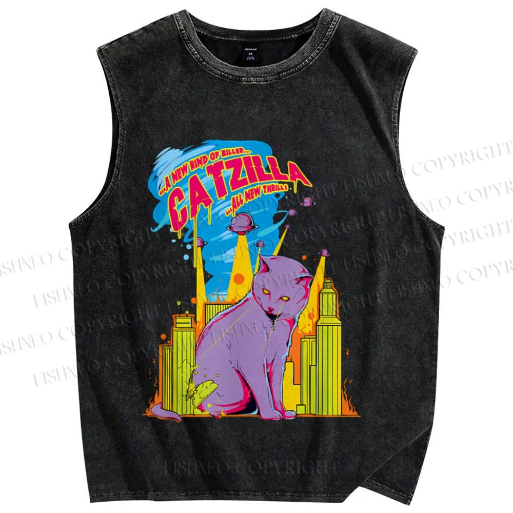 Unisex Cat Godzilla Catzilla Printed Washed Tank Top