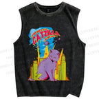 Unisex Cat Godzilla Catzilla Printed Washed Tank Top