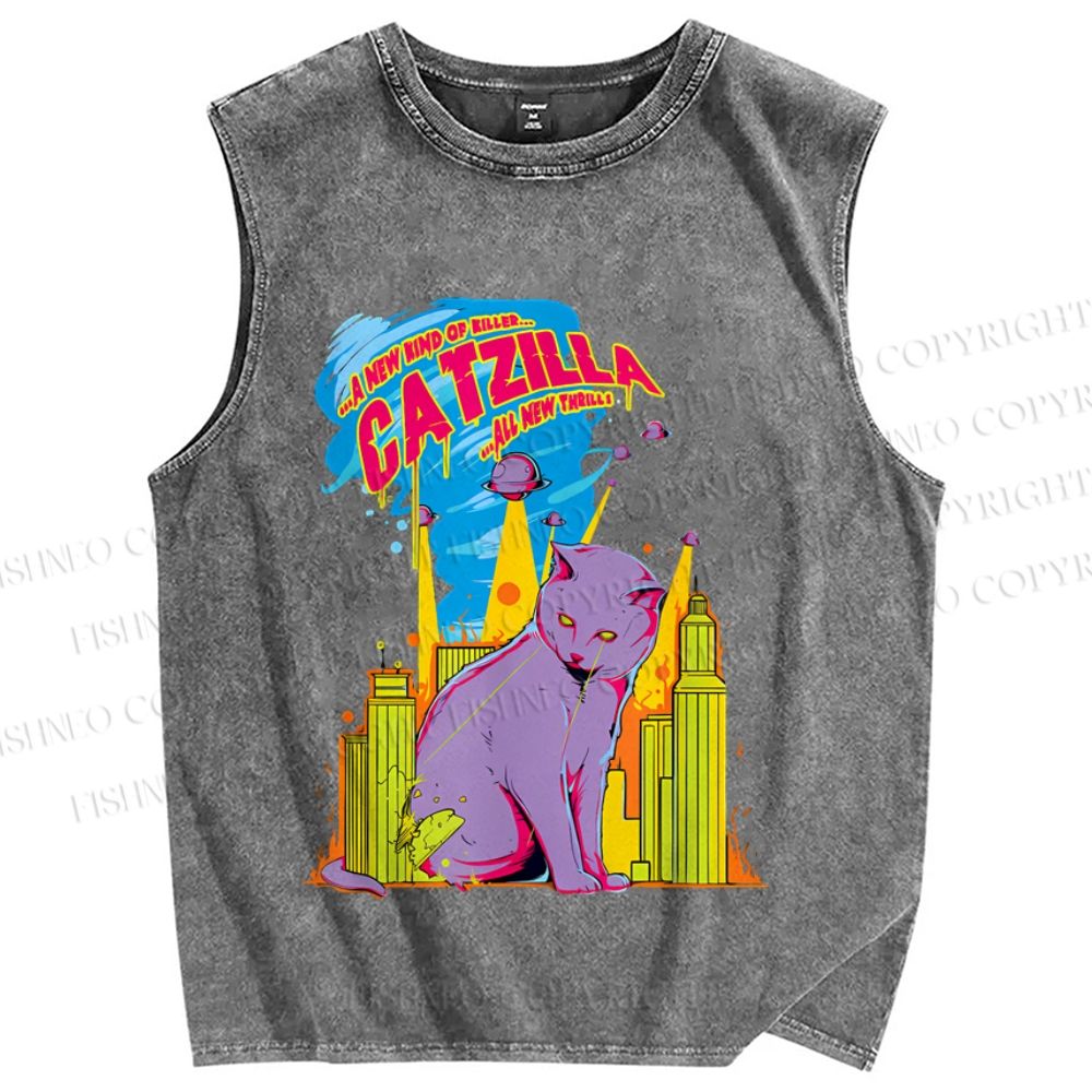 Unisex Cat Godzilla Catzilla Printed Washed Tank Top