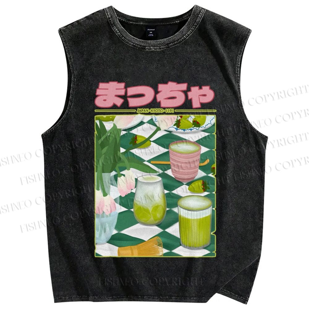 Unisex Matcha Drink Poster Printed Washed Tank Top
