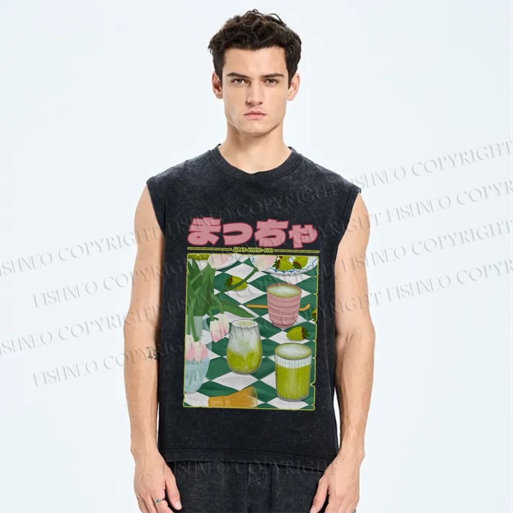 Unisex Matcha Drink Poster Printed Washed Tank Top