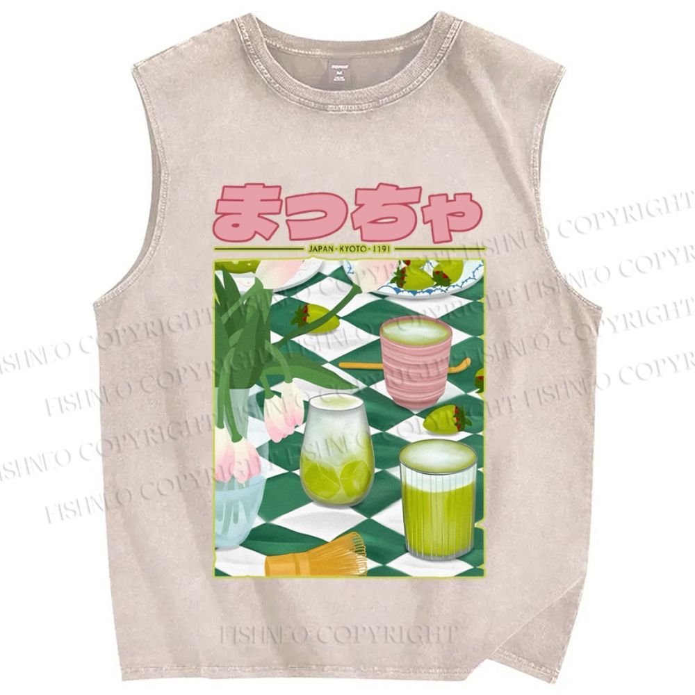 Unisex Matcha Drink Poster Printed Washed Tank Top