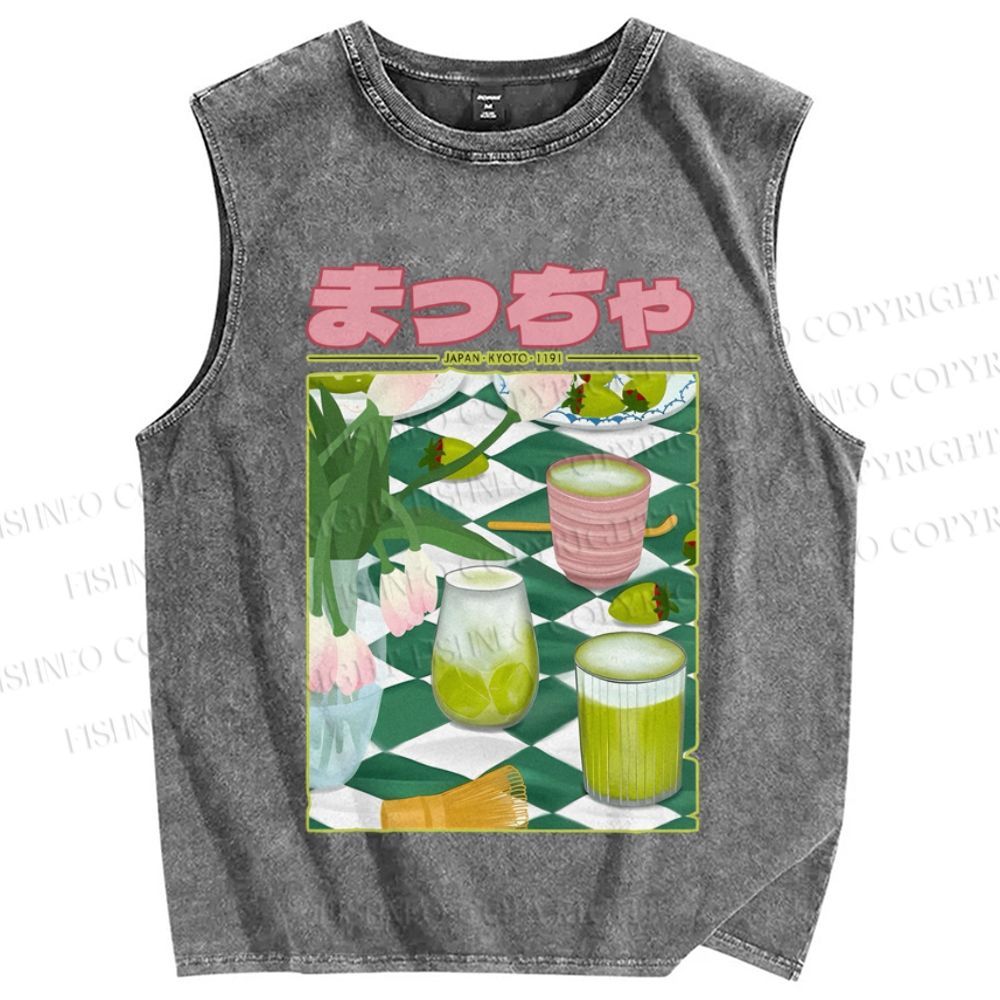Unisex Matcha Drink Poster Printed Washed Tank Top