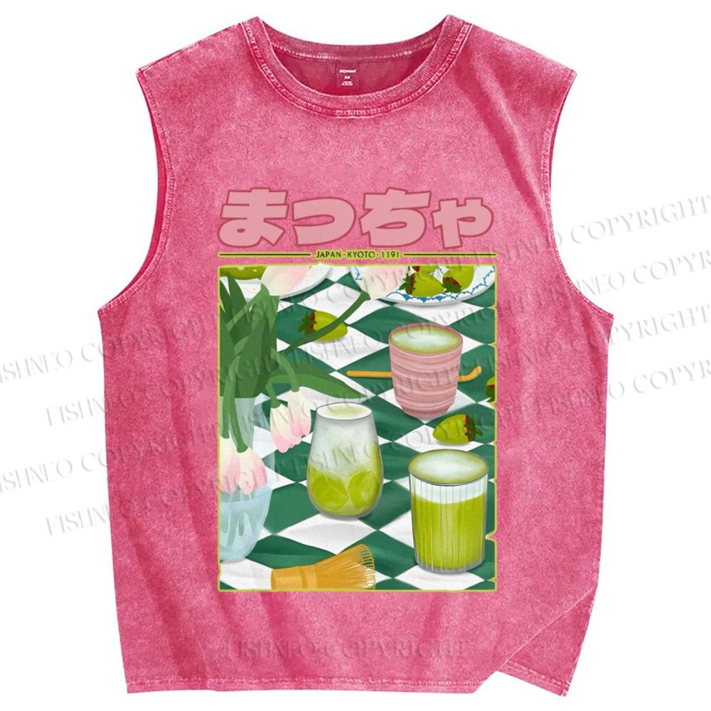 Unisex Matcha Drink Poster Printed Washed Tank Top