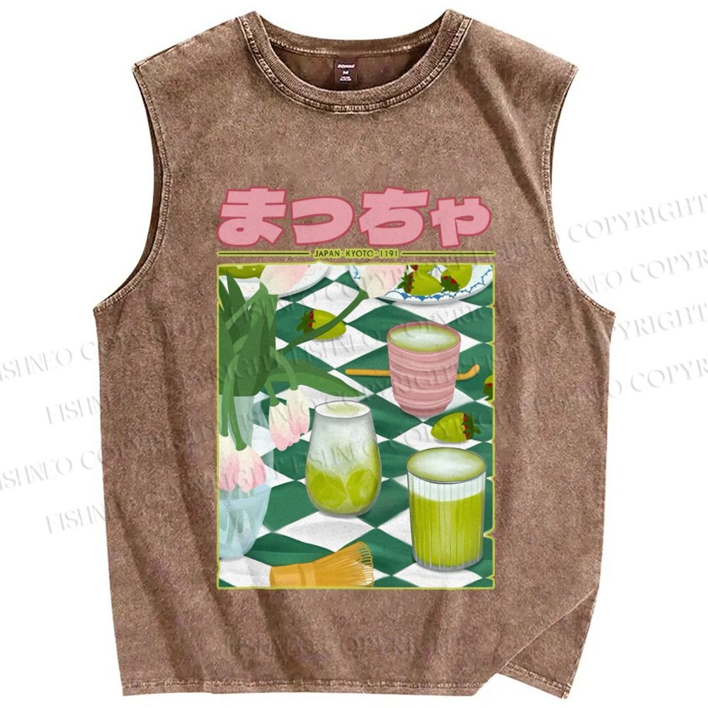 Unisex Matcha Drink Poster Printed Washed Tank Top