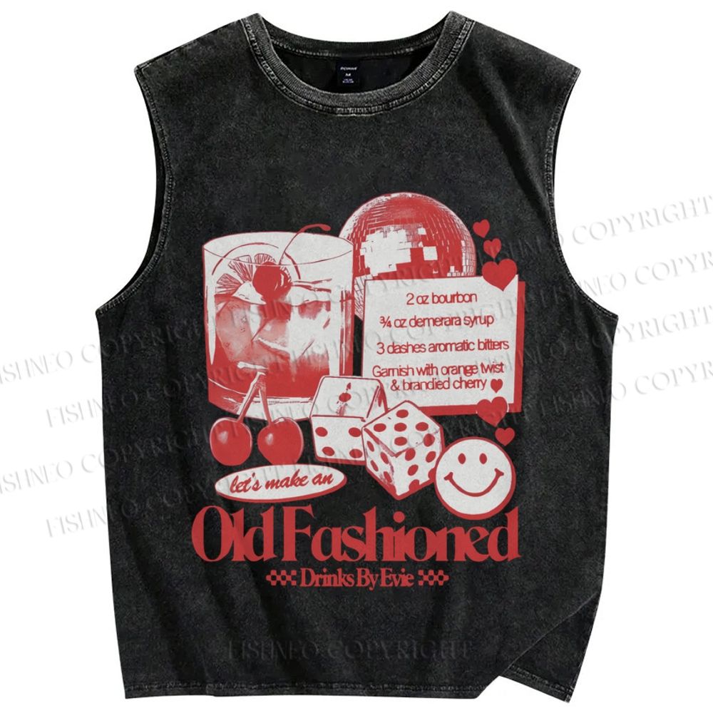Unisex Vintage Old Fashioned Poster Printed Washed Tank Top