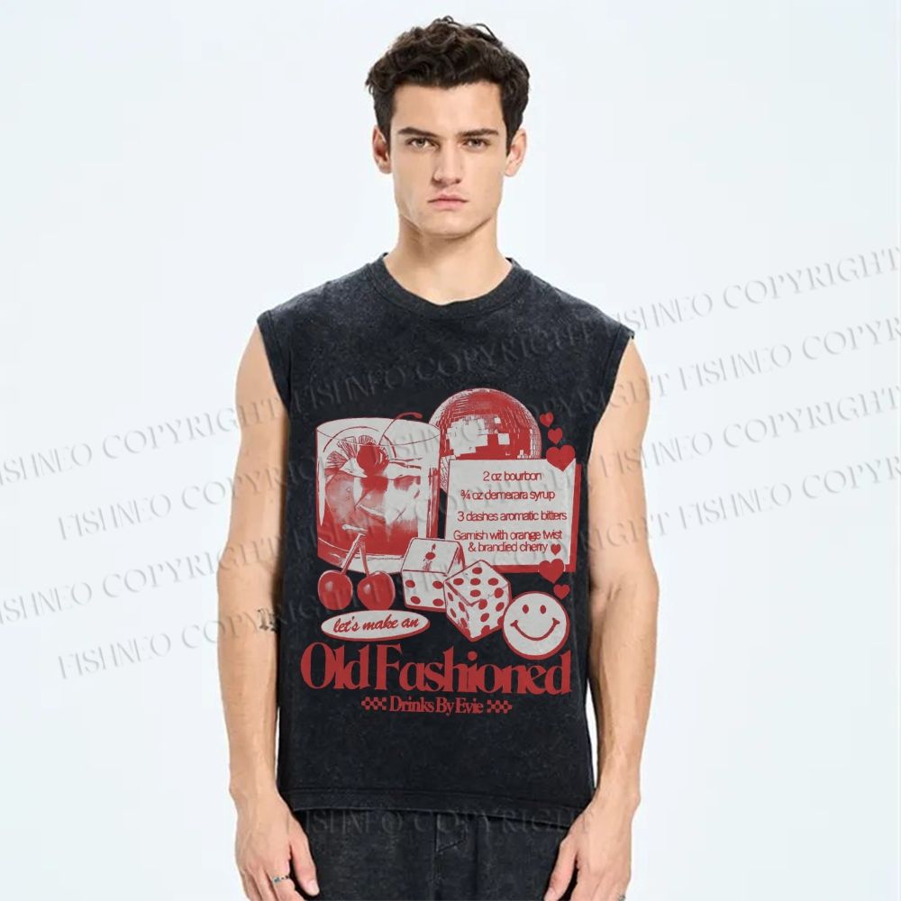 Unisex Vintage Old Fashioned Poster Printed Washed Tank Top