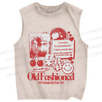 Unisex Vintage Old Fashioned Poster Printed Washed Tank Top