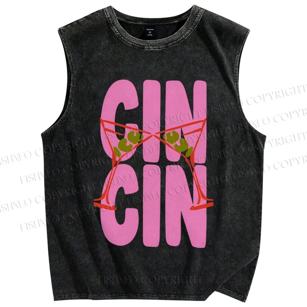 Unisex Martini Cheer Cin Cin Printed Washed Tank Top
