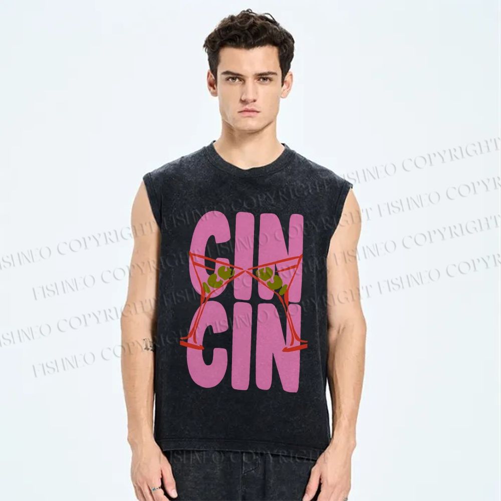 Unisex Martini Cheer Cin Cin Printed Washed Tank Top