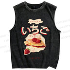 Unisex Japanese Strawberry Pie Printed Washed Tank Top