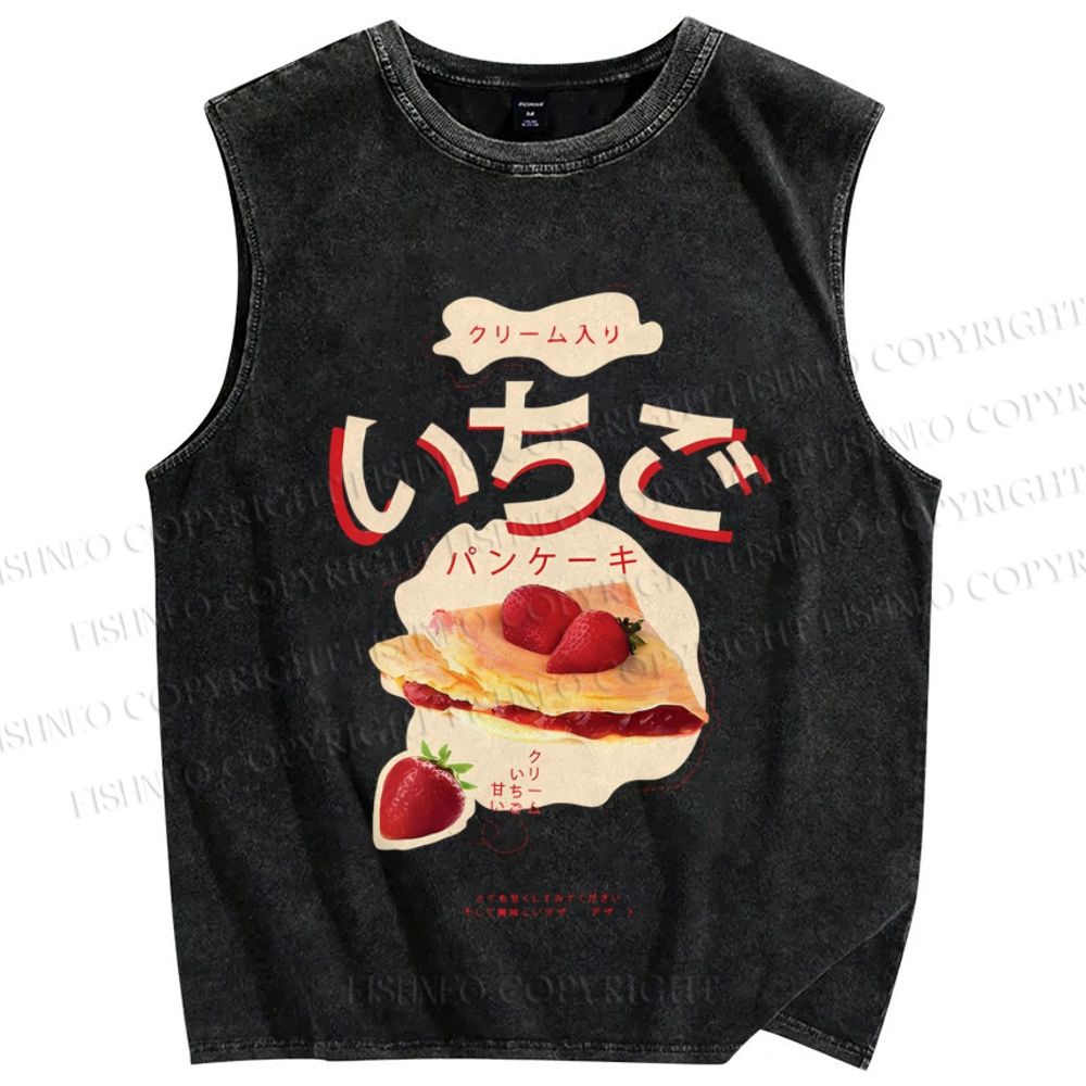 Unisex Japanese Strawberry Pie Printed Washed Tank Top