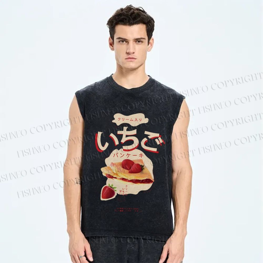 Unisex Japanese Strawberry Pie Printed Washed Tank Top