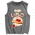 Unisex Japanese Strawberry Pie Printed Washed Tank Top