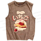 Unisex Japanese Strawberry Pie Printed Washed Tank Top