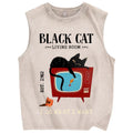 Unisex Black Cat Eat Fish Printed Washed Tank Top