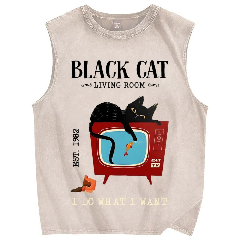 Unisex Black Cat Eat Fish Printed Washed Tank Top