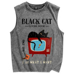 Unisex Black Cat Eat Fish Printed Washed Tank Top