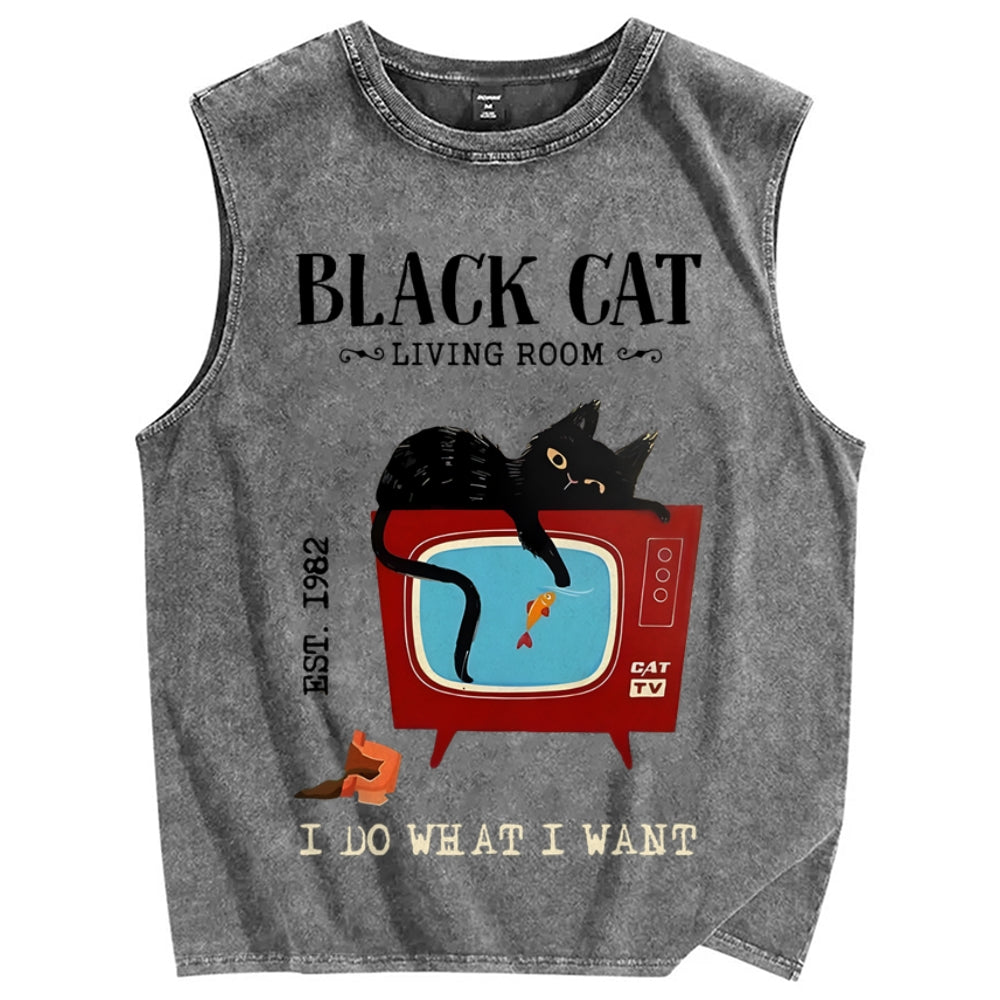Unisex Black Cat Eat Fish Printed Washed Tank Top