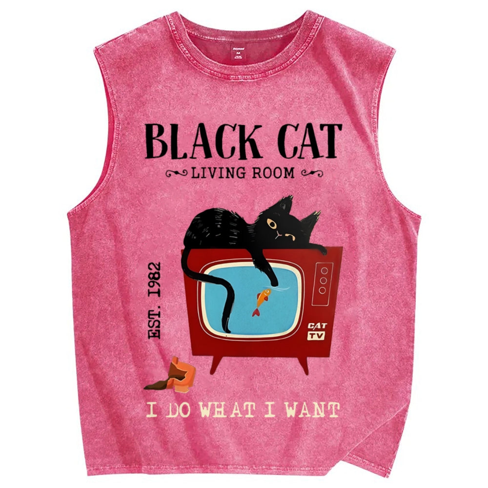 Unisex Black Cat Eat Fish Printed Washed Tank Top