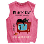 Unisex Black Cat Eat Fish Printed Washed Tank Top