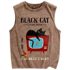 Unisex Black Cat Eat Fish Printed Washed Tank Top