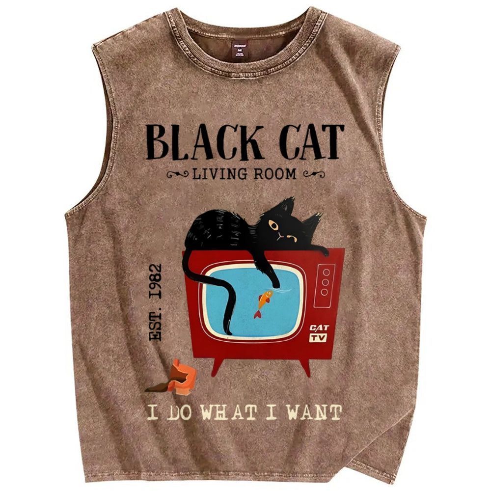 Unisex Black Cat Eat Fish Printed Washed Tank Top