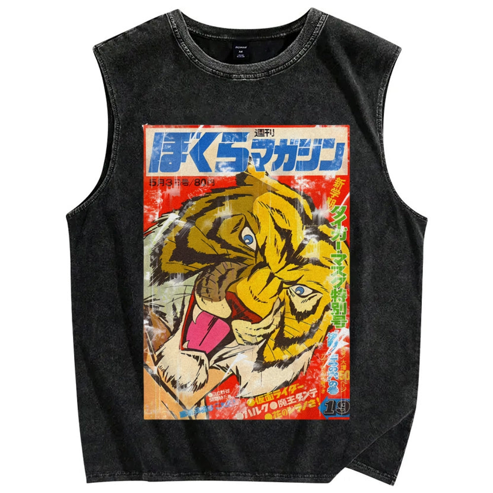 Unisex Retro Tiger Poster Printed Washed Tank Top