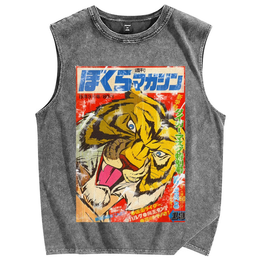 Unisex Retro Tiger Poster Printed Washed Tank Top