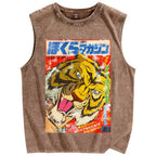 Unisex Retro Tiger Poster Printed Washed Tank Top