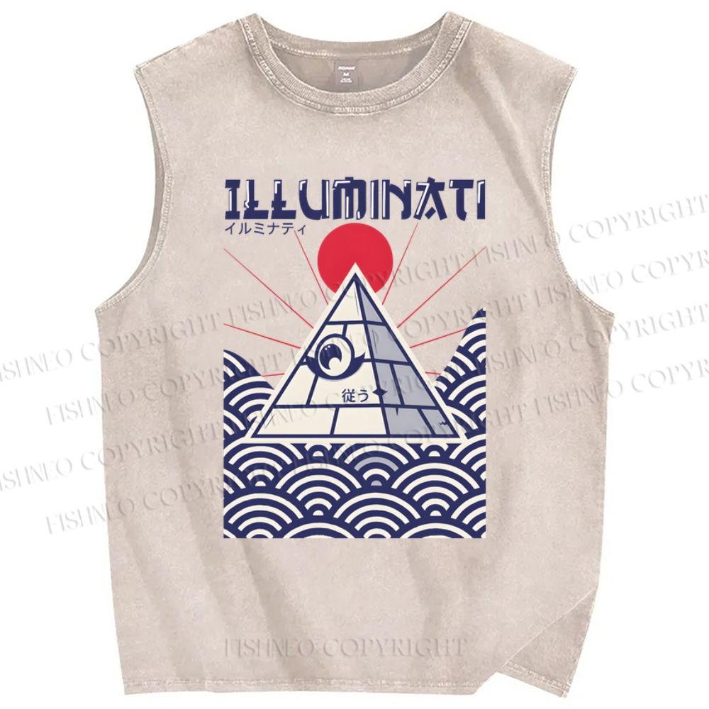 Unisex Japanese Waves Printed Washed Tank Top