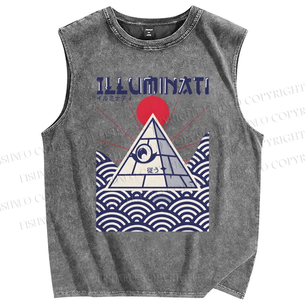Unisex Japanese Waves Printed Washed Tank Top