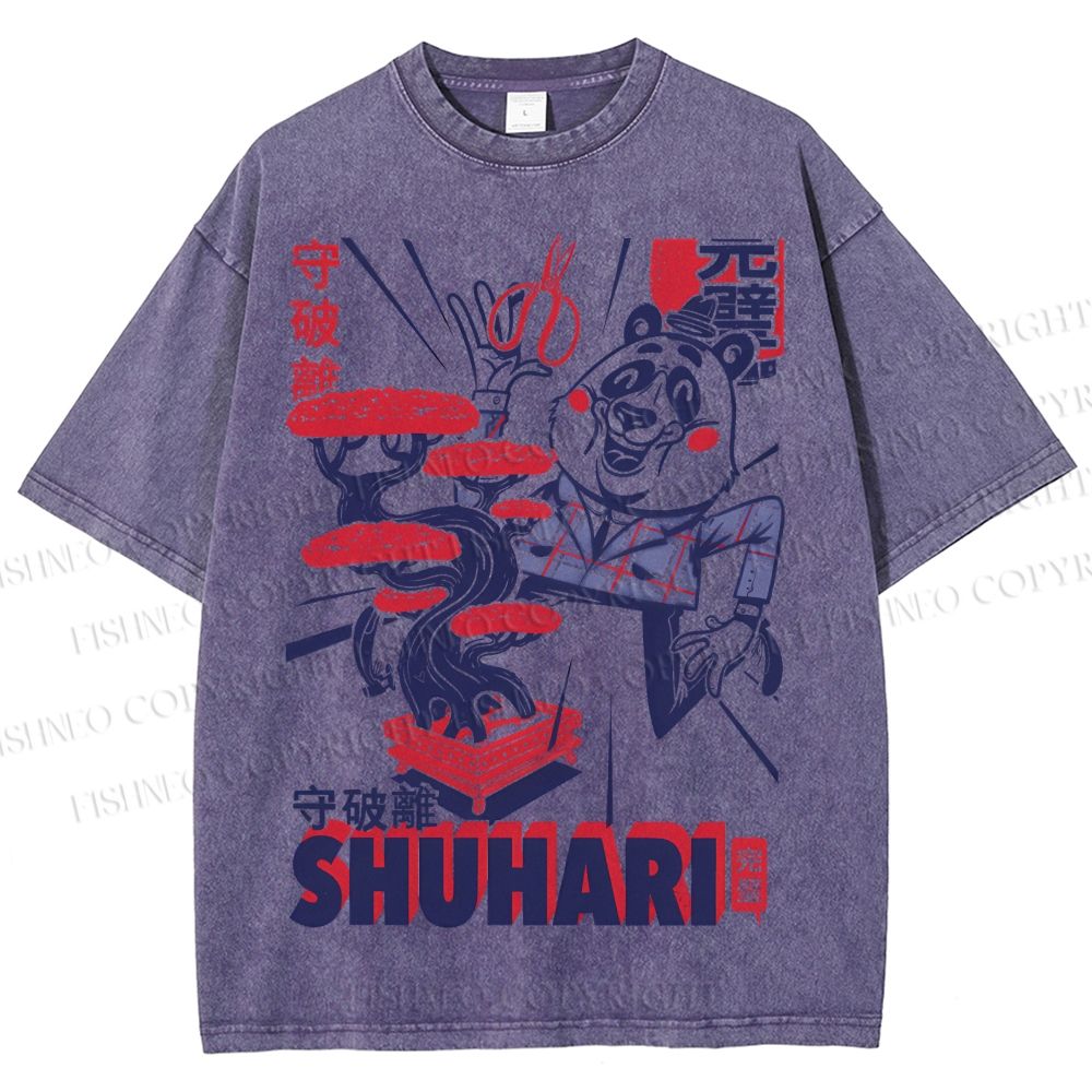 Unisex Vintage Panda Printed Shuhari Graffiti Washed Tee