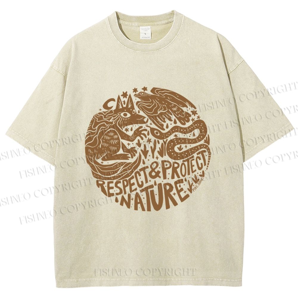 Unisex Respect Protect Nature Graffiti Printed Washed Tee
