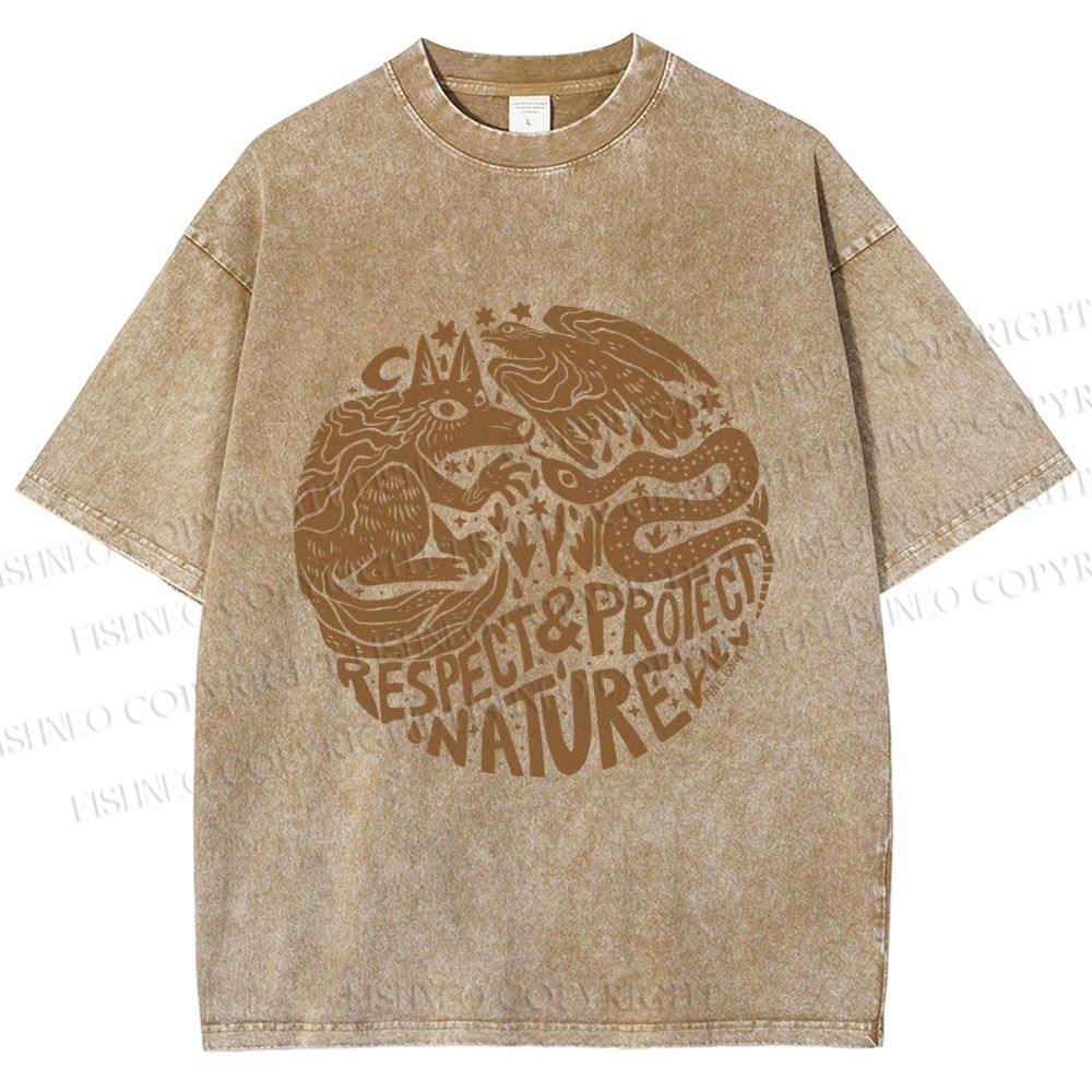 Unisex Respect Protect Nature Graffiti Printed Washed Tee