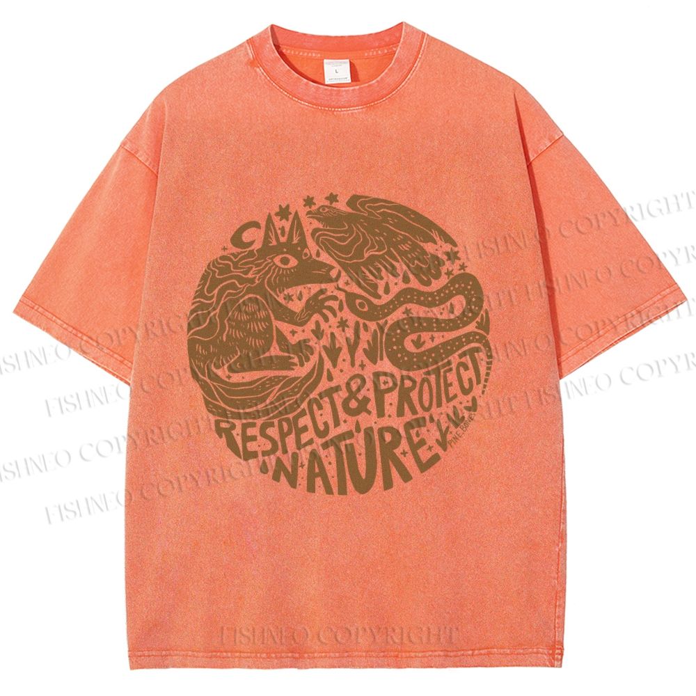 Unisex Respect Protect Nature Graffiti Printed Washed Tee