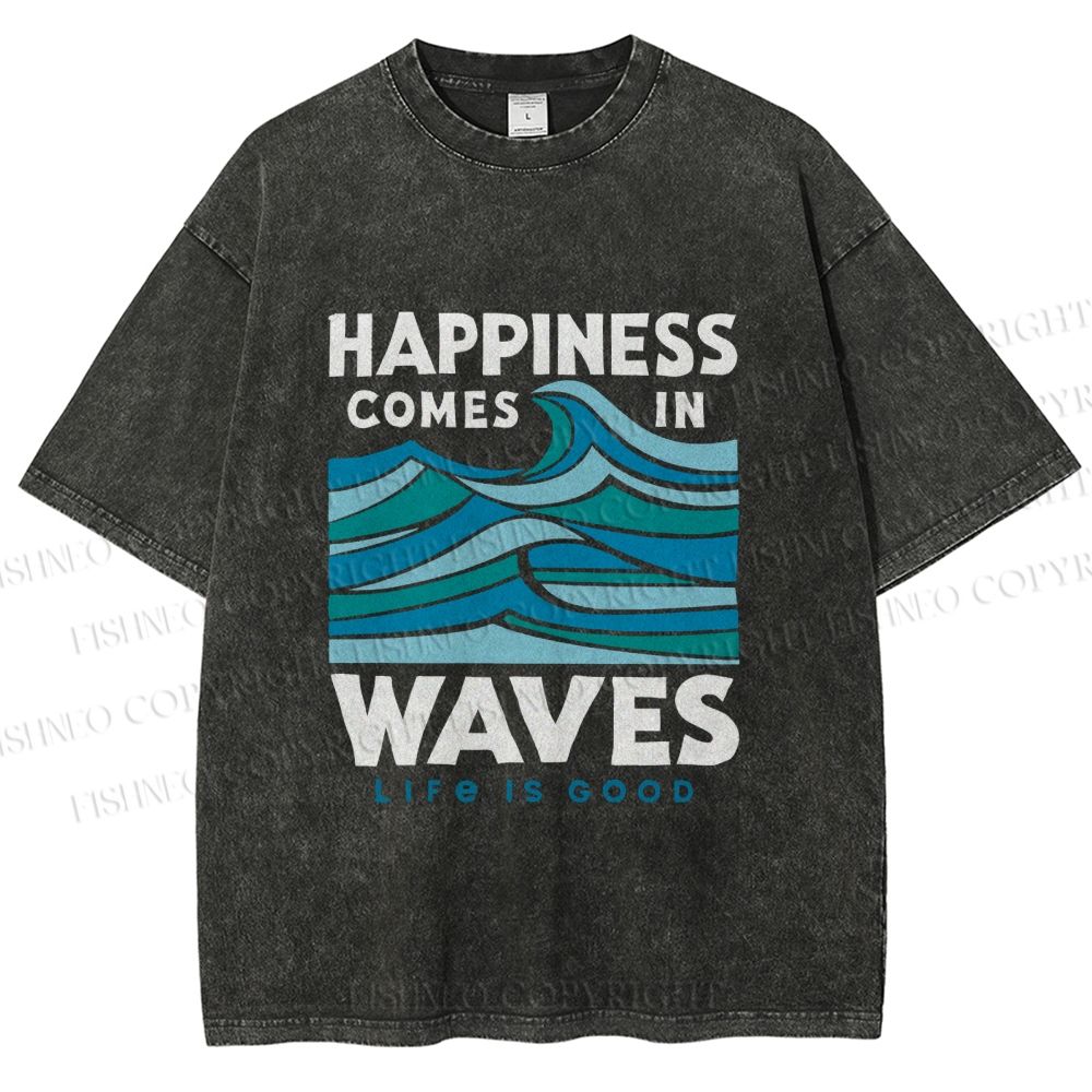 Unisex Happiness Comes In Waves Printed Washed Tee