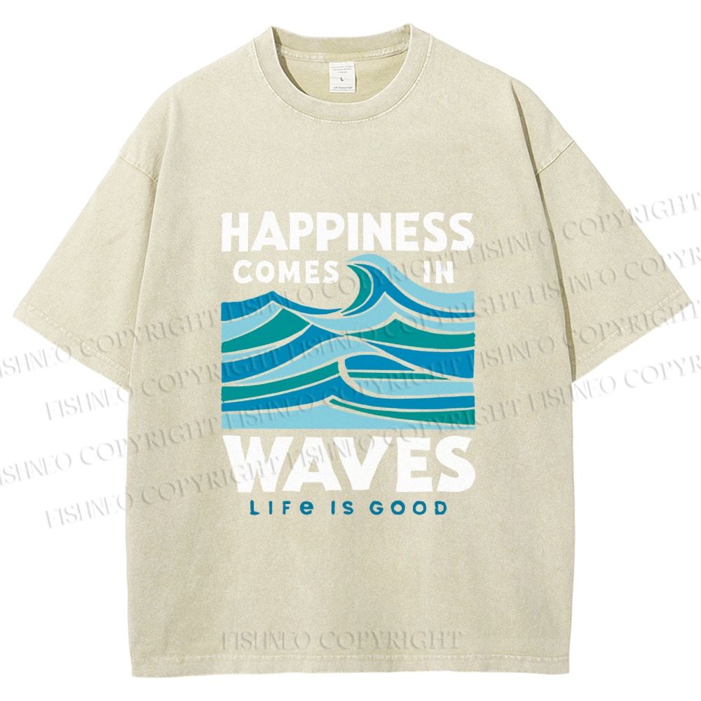 Unisex Happiness Comes In Waves Printed Washed Tee