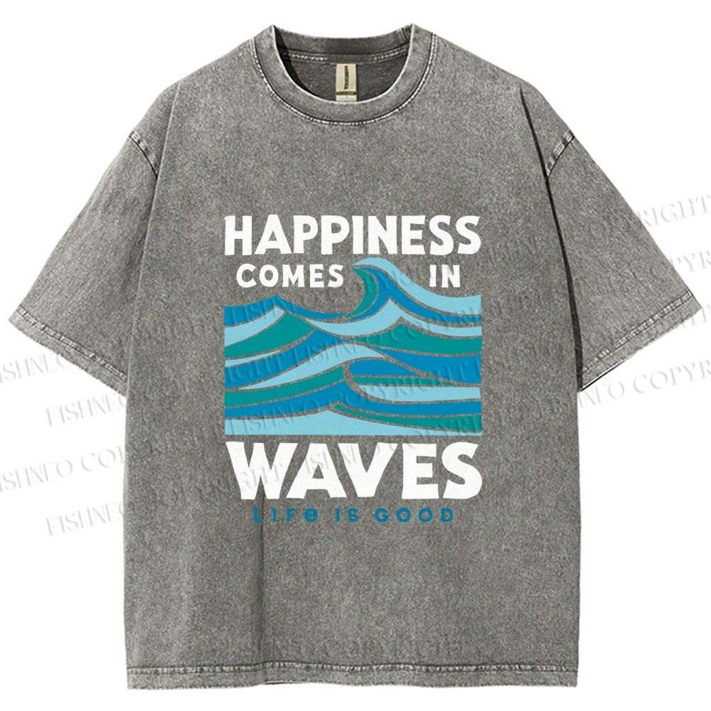 Unisex Happiness Comes In Waves Printed Washed Tee