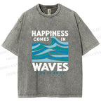 Unisex Happiness Comes In Waves Printed Washed Tee