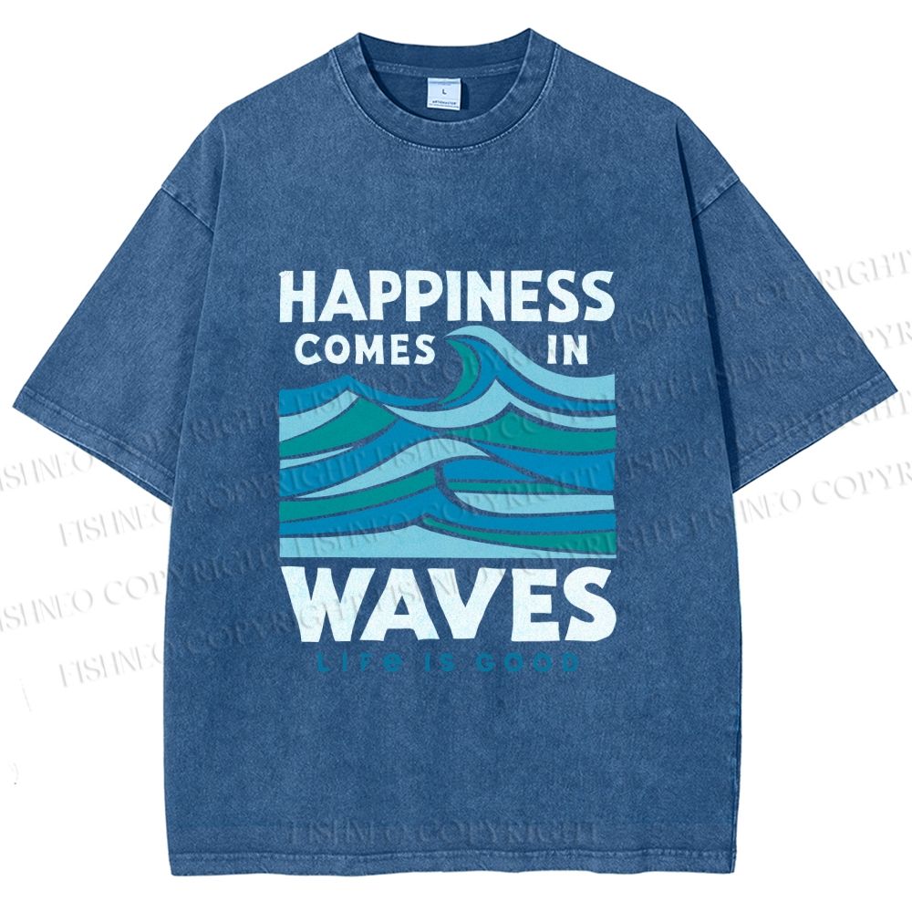 Unisex Happiness Comes In Waves Printed Washed Tee