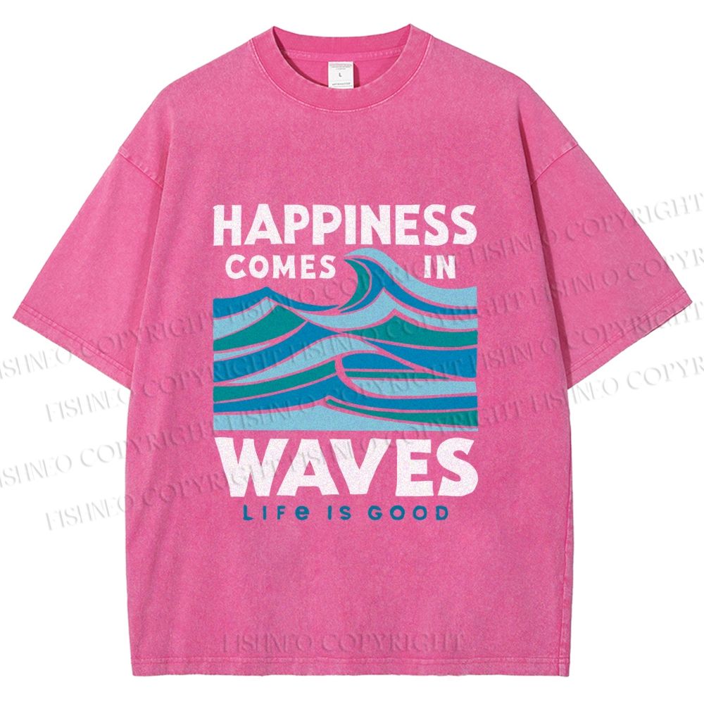 Unisex Happiness Comes In Waves Printed Washed Tee