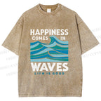 Unisex Happiness Comes In Waves Printed Washed Tee