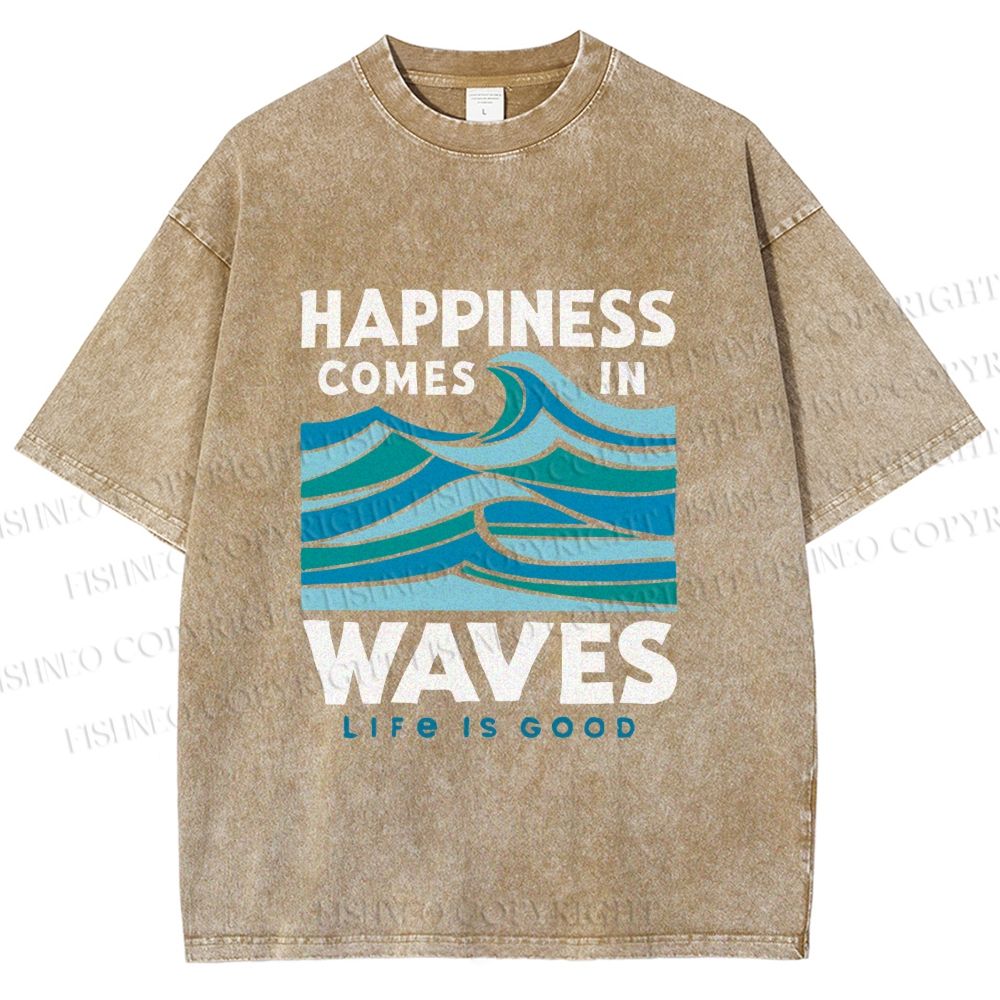 Unisex Happiness Comes In Waves Printed Washed Tee